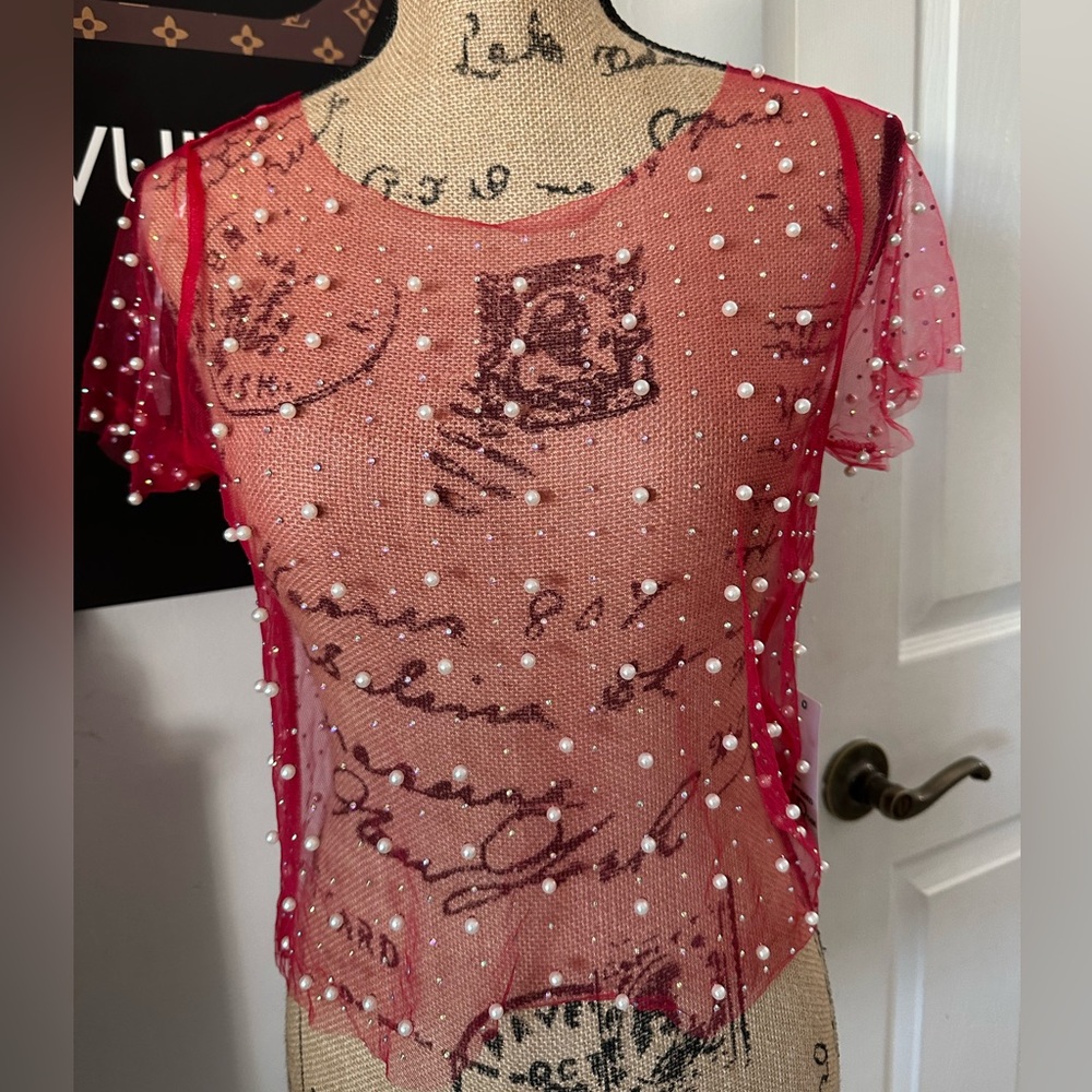 🆕Faded Rose Pearl Rhinestone Sheer Mesh
Crop Top (RED)